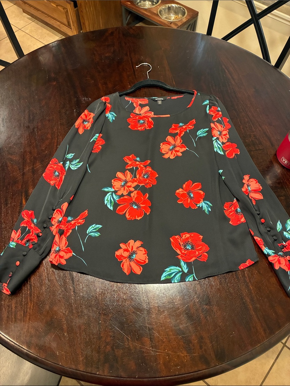 Black Silk Floral Long-Sleeve Blouse with Red Poppies